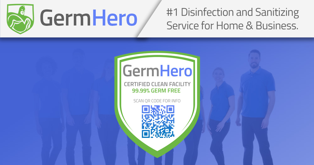 Germ Hero Disinfection Team Standing Behind Germ Hero Certified Shield Plaque