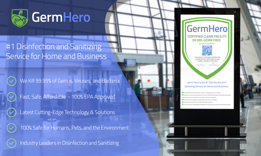 Germ Hero Promotional Image with Disinfection and Sanitizing Benefits