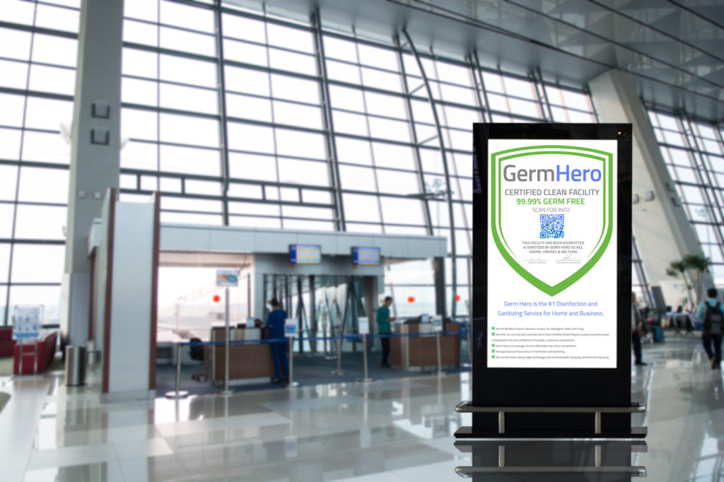 Germ Hero Certified Shield displayed in airport